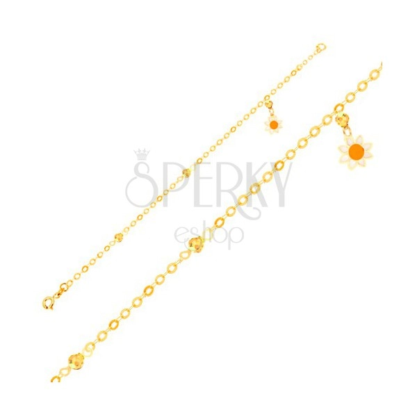 Bransoletka z żółtego złota 9K - łańcuszek, emaliowany kwiatek, lśniące kuleczki