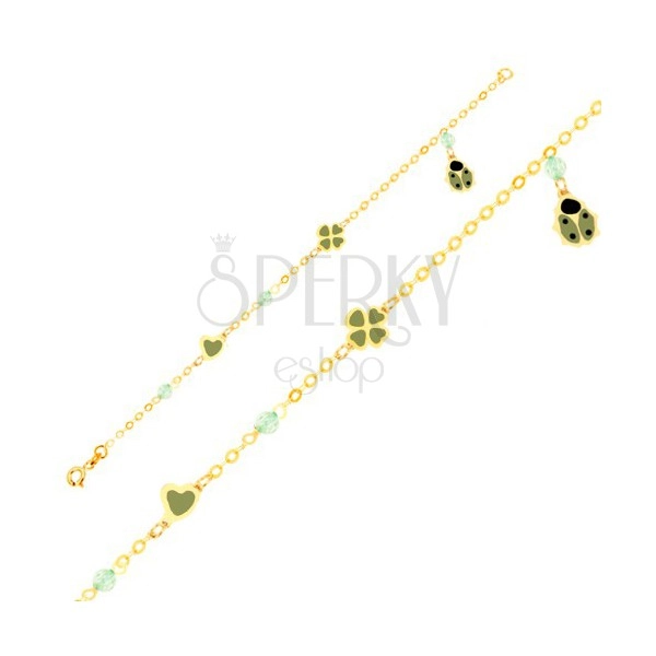 Bransoletka z żółtego złota 9K - łańcuszek, serce, czterolistna koniczyna, biedronka z emalią, kulki