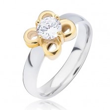 Srebrny pierścionek ze stali, złoty kwiatek z przeźroczystym oczkiem