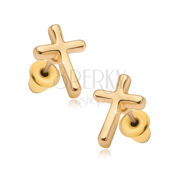 Kolczyki o błyszczącej złotej powierzchni, łaciński krzyż