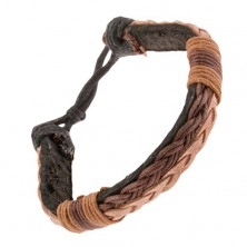 Czarna skórzana bransoletka z dwoma warkoczykami i brązowymi sznurkami