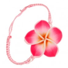 Jasno-różowa sznurkowa bransoletka - gęsty splot, żółto-różowy kwiatek FIMO