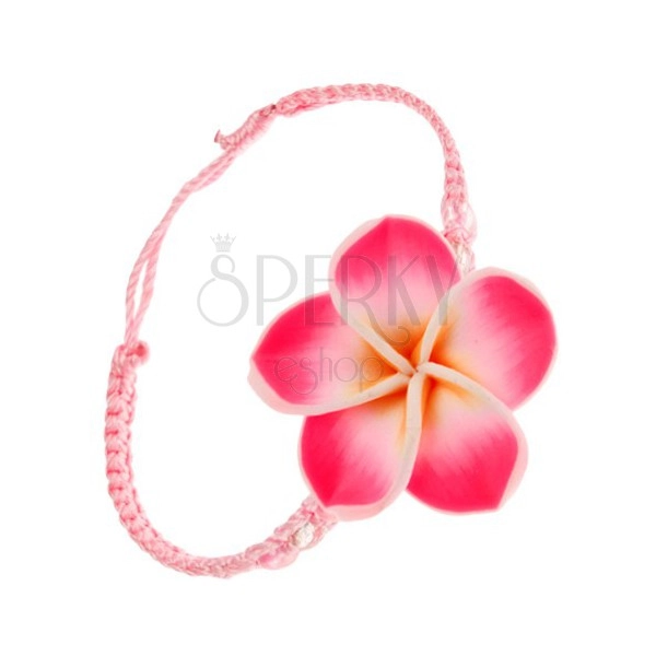 Jasno-różowa sznurkowa bransoletka - gęsty splot, żółto-różowy kwiatek FIMO