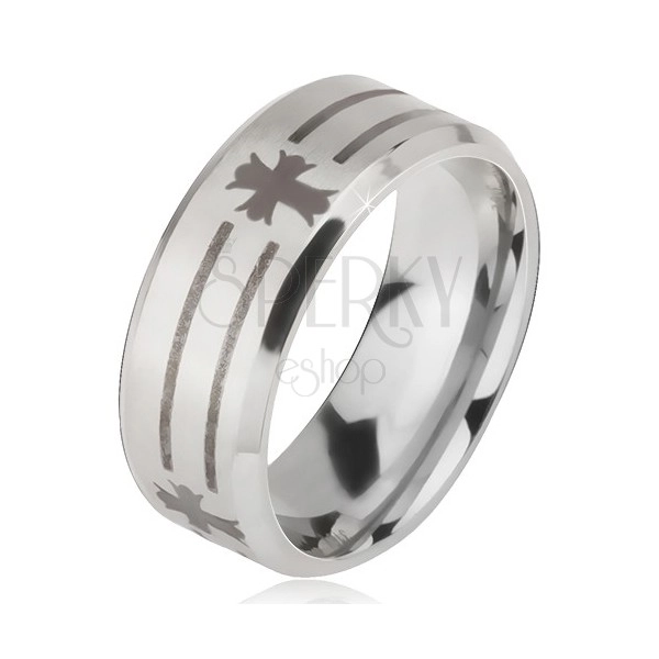 Matowy stalowy pierścionek - srebrna obrączka, nadruk pasów i liliowego krzyża