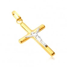 Wisiorek ze złota 14K - lśniący krzyż łaciński, ukrzyżowany Chrystus z białego złota
