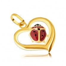 Złoty wisiorek 585 - zarys asymetrycznego serca, emaliowana biedronka