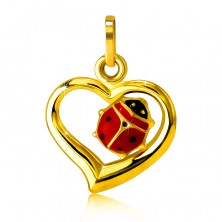 Złoty wisiorek 585 - zarys asymetrycznego serca, emaliowana biedronka