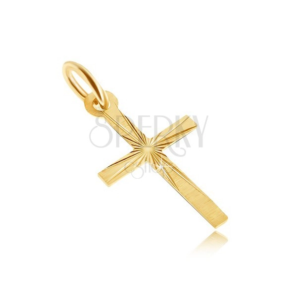 Złoty wisiorek 585 - płaski krzyż łaciński, satynowa powierzchnia, promieniste nacięcia