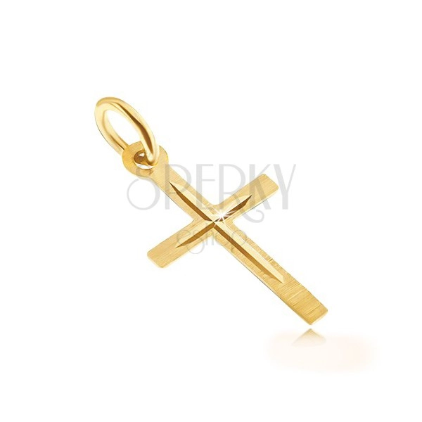 Złoty wisiorek 585 - satynowy krzyż łaciński, lśniący wyżłobiony mniejszy krzyżyk