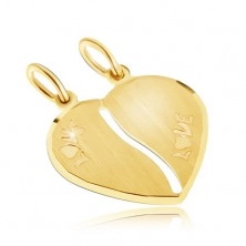 Złoty podwójny wisiorek 585 - satynowe serce, napis LOVE, podłużne wycięcie