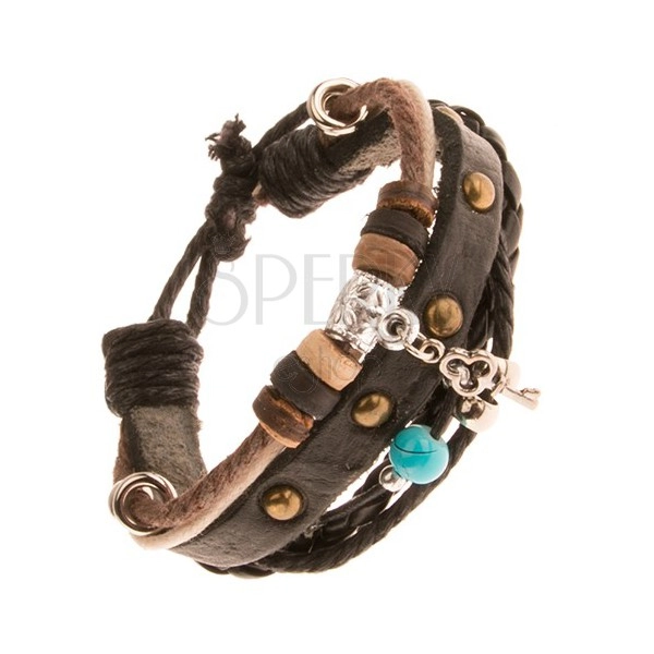 Multi bransoletka - czarny pas, ćwieki i koraliki, sznurki, klucz