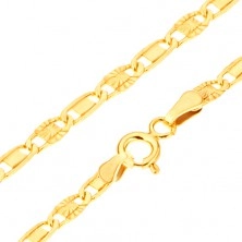 Złota bransoletka 585 - lśniące ogniwa, gładki prostokąt, promieniste nacięcia, 190 mm