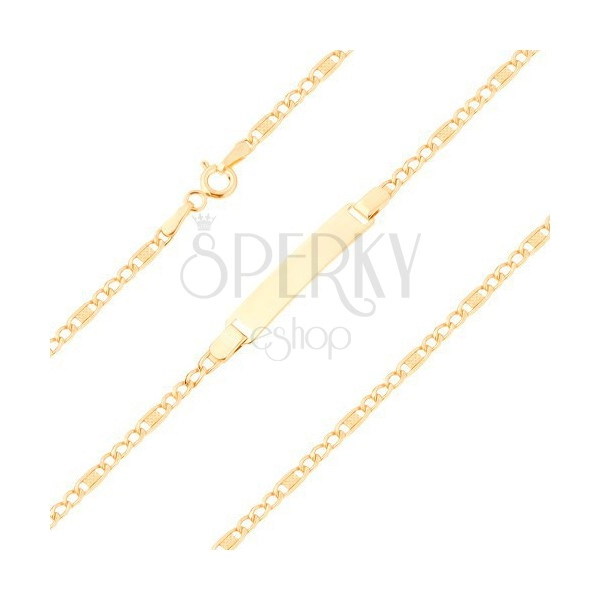Bransoletka w złocie - ogniwo z kratką i gładka lśniąca tabliczka