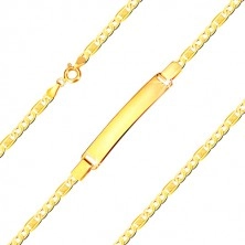 Złota bransoletka 585 z płytką - owalne ogniwa i ogniwo z prostokątem i kratką, 210 mm