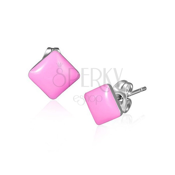 Kolczyki wkręty ze stali - lśniące kwadraty w różowym kolorze
