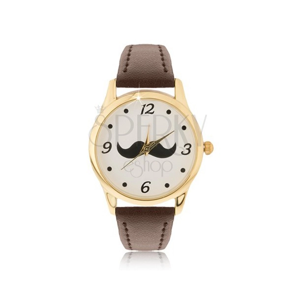 Zegarek analogowy w złotej tonacji, czarne wąsy, brązowy pasek