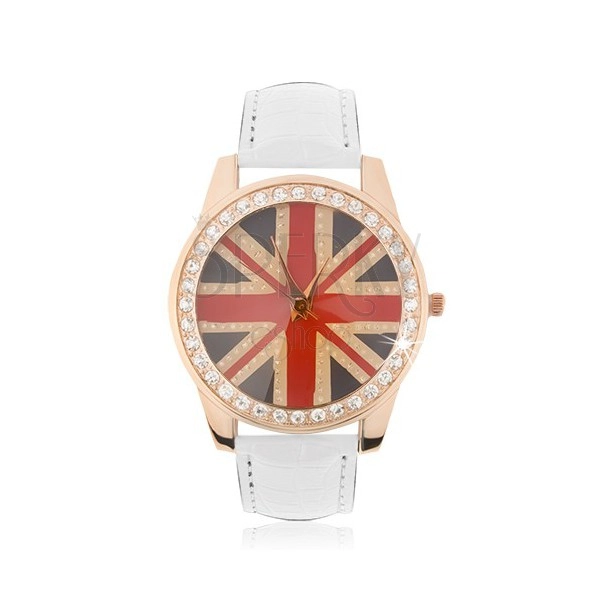 Zegarek na rękę ze stali - złotoróżowy, flaga brytyjska, biały pasek