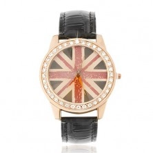 Zegarek na rękę ze stali - złotoróżowy, flaga brytyjska, czarny pasek