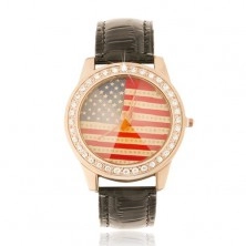 Zegarek analogowy, złotoróżowy, czarny pasek, flaga amerykańska, cyrkonie