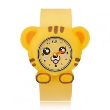 Zegarek na rękę w żółtym kolorze - podobizna tygryska, rolowany pasek