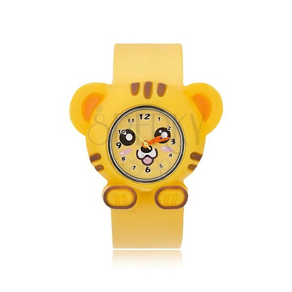 Zegarek na rękę w żółtym kolorze - podobizna tygryska, rolowany pasek