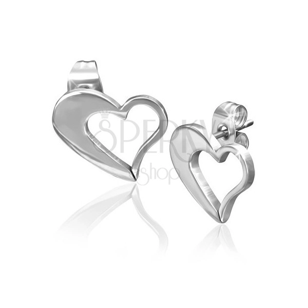 Kolczyki ze stali chirurgicznej - asymetryczny zarys serca w srebrnym kolorze