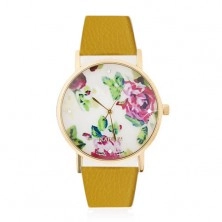 Zegarek analogowy - cyferblat z kwiatami róż i cyrkoniami, żółty pasek