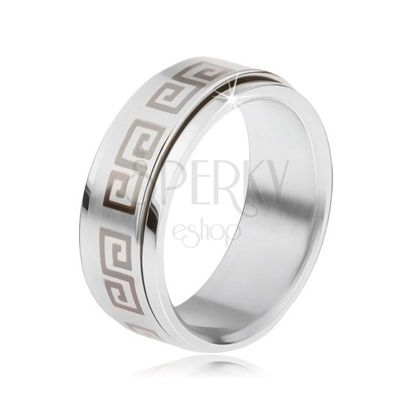 Stalowy pierścionek, obracająca się matowa obręcz, klucz grecki w szarym kolorze
