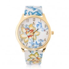 Zegarek na rękę w złotym kolorze, niebiesko-żółty motyw kwiatów