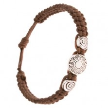 Bransoletka z zaplatanych kasztanowych sznurków, klucz grecki, spirala