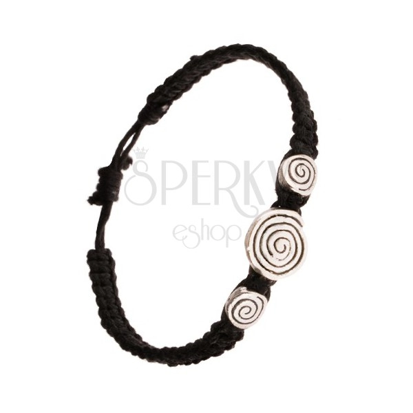 Czarna bransoletka z zaplatanych sznurków, trzy spirale