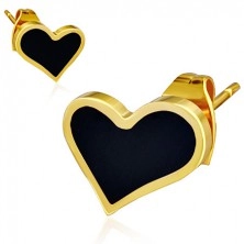 Kolczyki wkręty ze stali - lśniące asymetryczne czarne serce, złote krawędzie