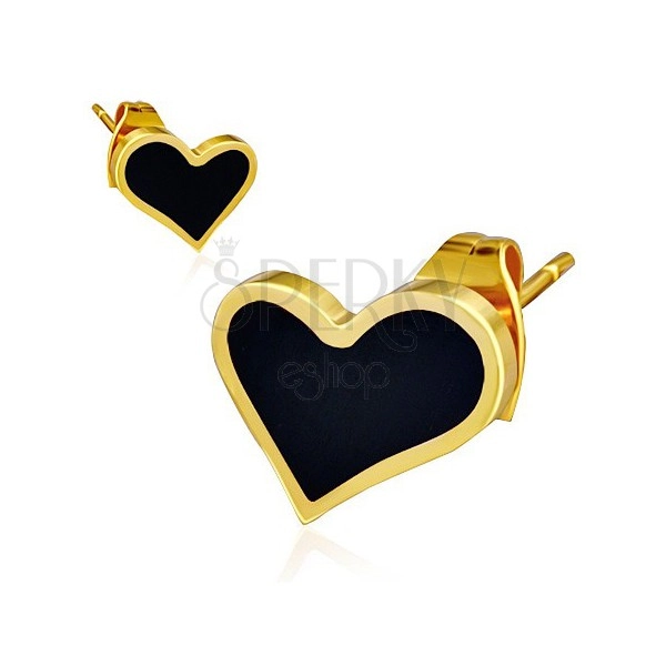 Kolczyki wkręty ze stali - lśniące asymetryczne czarne serce, złote krawędzie