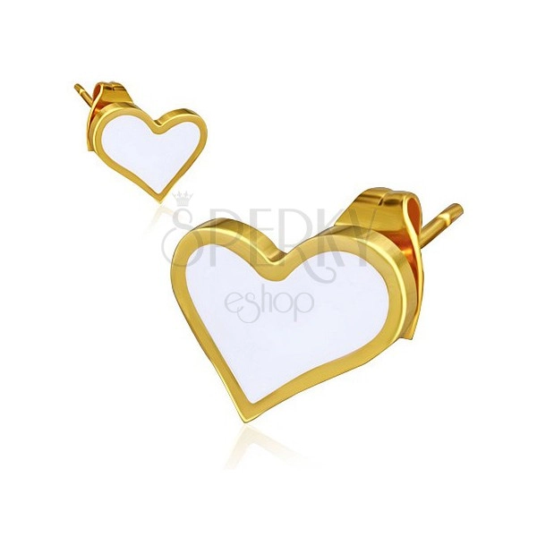 Złote kolczyki ze stali - białe asymetryczne serce