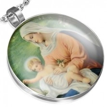 Okrągły wisiorek ze stali, Maryja Panna z Jezuskiem, zielone tło