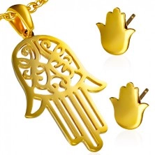 Złoty zestaw ze stali - wisiorek i kolczyki, ażurowa dłoń Fatimy