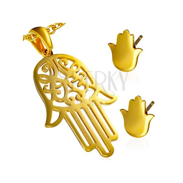 Złoty zestaw ze stali - wisiorek i kolczyki, ażurowa dłoń Fatimy