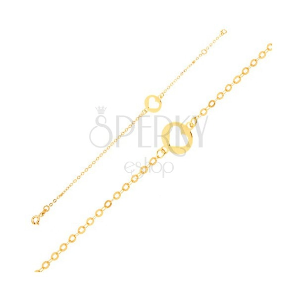 Złota bransoletka 375 - lśniący łańcuszek z okrągłą płytką z wycięciem serca