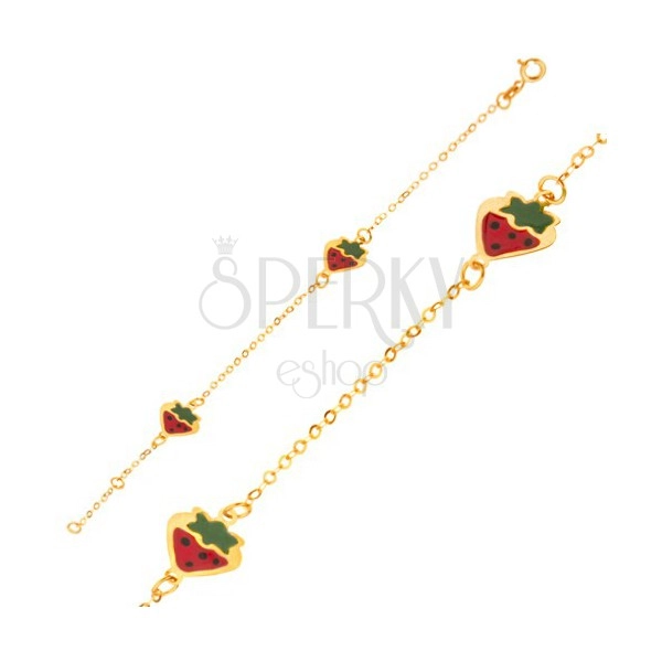 Złota bransoletka 375 - błyszczący łańcuszek z emaliowanymi kolorowymi truskawkami