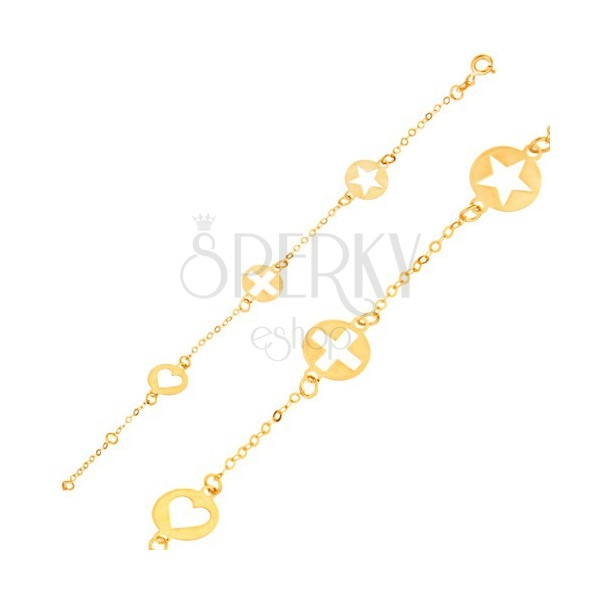 Bransoletka z żółtego złota 9K - łańcuszek, płytki z sercem, krzyżem i gwiazdą