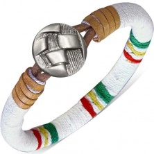 Okrągła bransoletka owinięta białym sznurkiem, kolorowe pasy, guzik