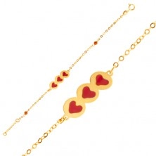 Złota bransoletka 375 - błyszczący łańcuszek, wstawka z serduszkami, koraliki, emalia