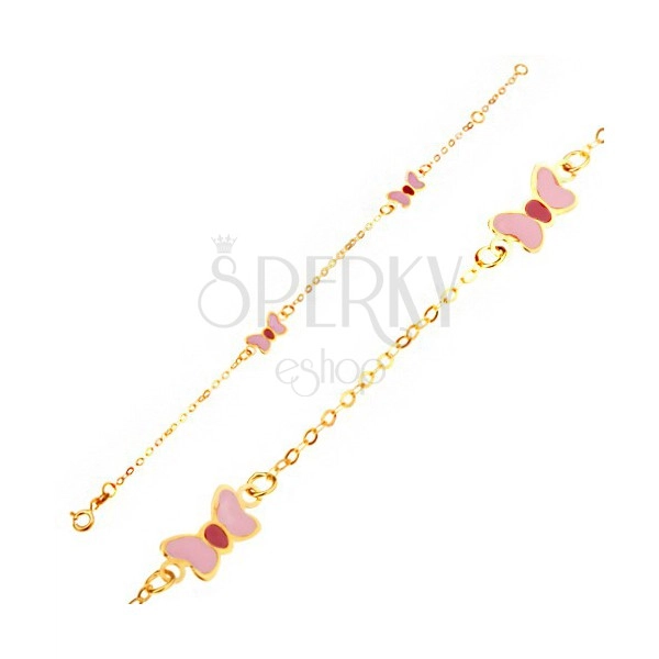 Bransoletka z żółtego złota 9K -  różowo-czerwone emaliowane motylki, łańcuszek