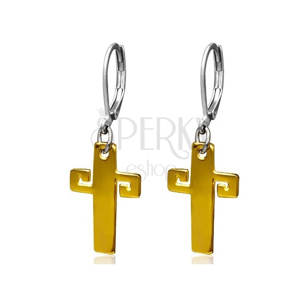 Stalowe kolczyki w złotym kolorze, krzyż z greckim kluczem