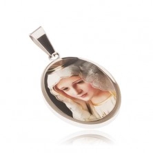 Owalny stalowy medalion, obrazek przedstawiający Madonnę zalany emalią