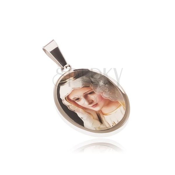 Owalny stalowy medalion, obrazek przedstawiający Madonnę zalany emalią