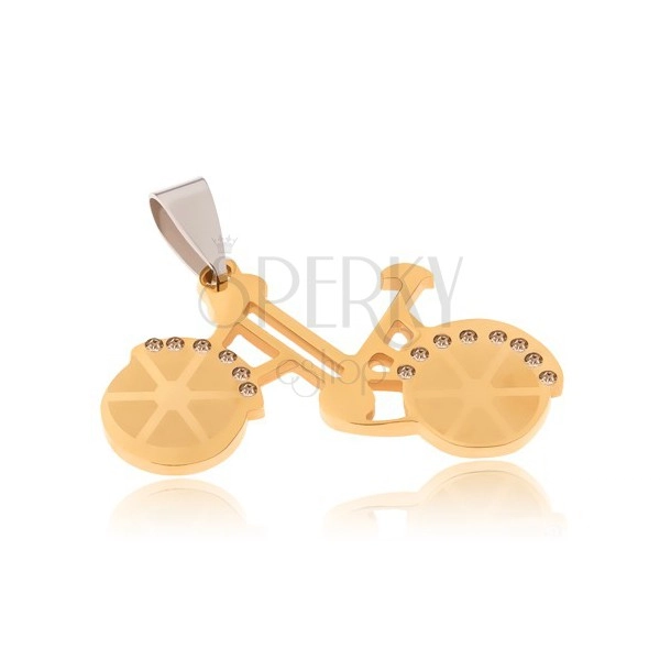 Wisiorek ze stali chirurgicznej - rower w złotym kolorze, przezroczyste cyrkonie