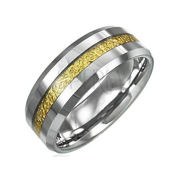 Tungsten pierścionek z wzorzystym paskiem złotego koloru, 8mm