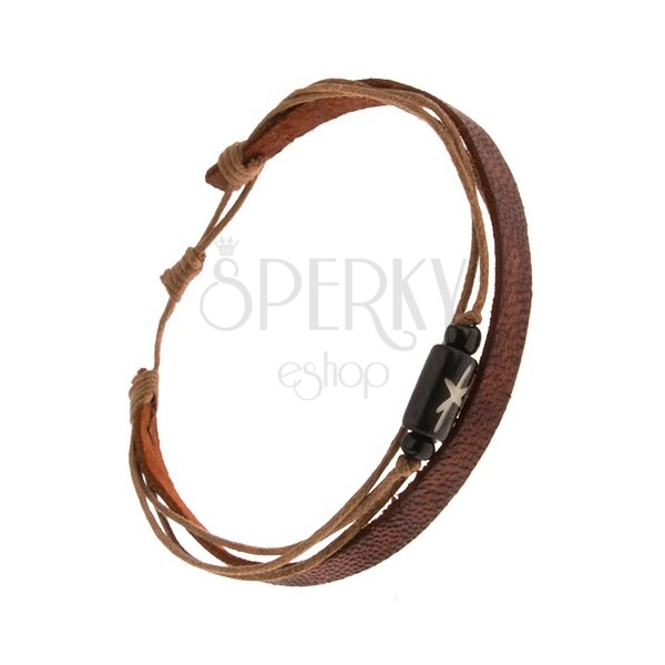 Multi bransoletka - brązowy pas skóry, trzy orzechowo brązowe sznurki, czarny wałeczek