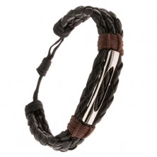 Bransoletka - trzy czarne plecionki, kasztanowo brązowy sznurek, rurka